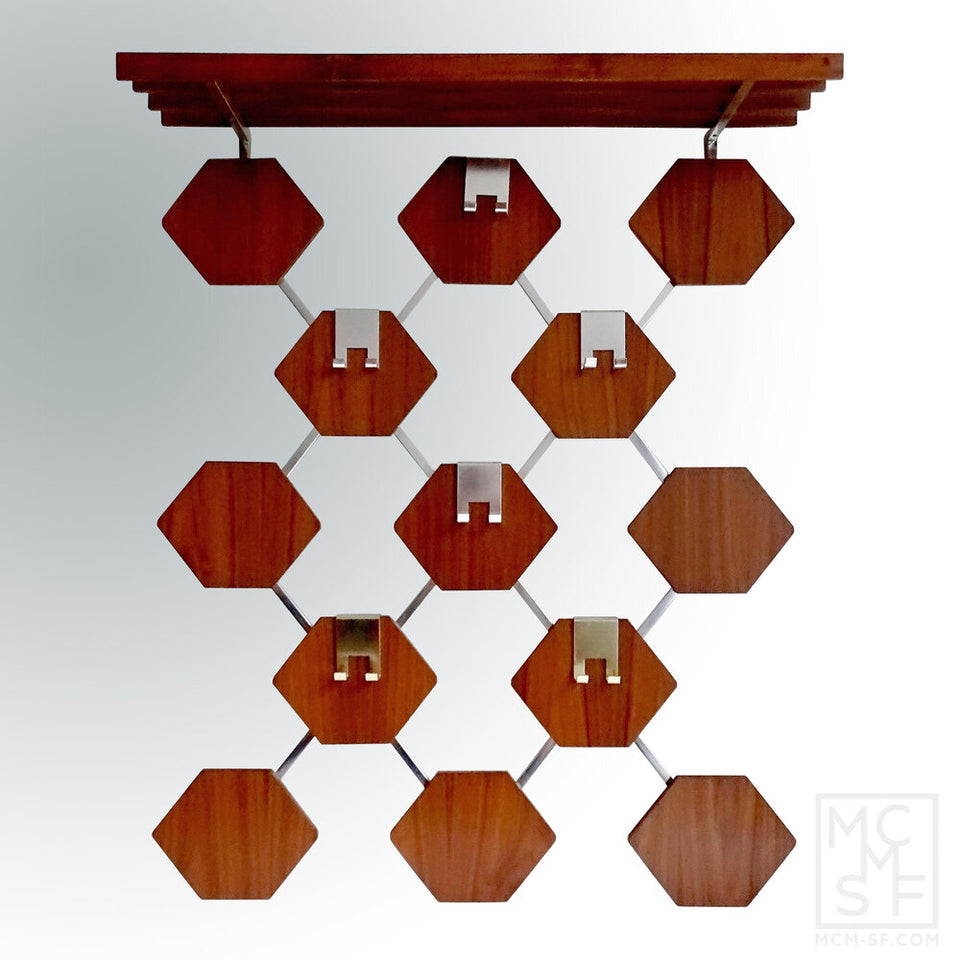 Vintage Danish Mid Century Hexagons Teak Wood Coat/Hat Hanger & Shelf