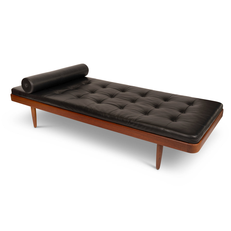 Vintage Mid-Century Modern Teak Daybed in Black Tufted Leather
