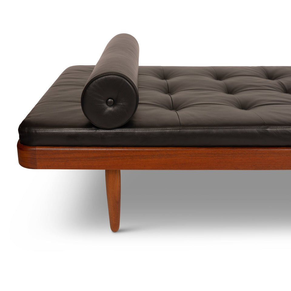 Vintage Mid-Century Modern Teak Daybed in Black Tufted Leather