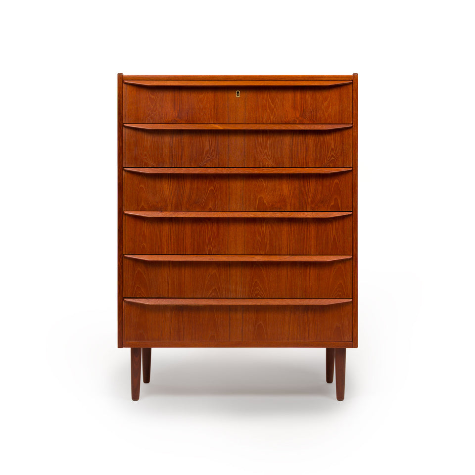 Vintage Danish Mid-Century Six-Drawer Teak Tallboy Dresser 1960s