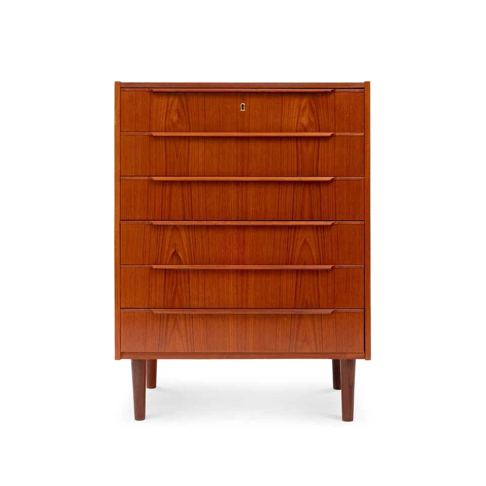 Vintage Danish Mid-Century Six-Drawer Teak Tallboy Dresser 1960s