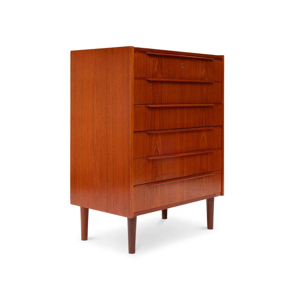 Vintage Danish Mid-Century Six-Drawer Teak Tallboy Dresser 1960s