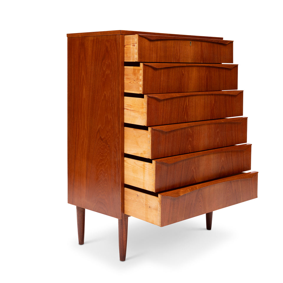 Vintage Danish Mid-Century Teak Six Drawer Tallboy Dresser 1960s