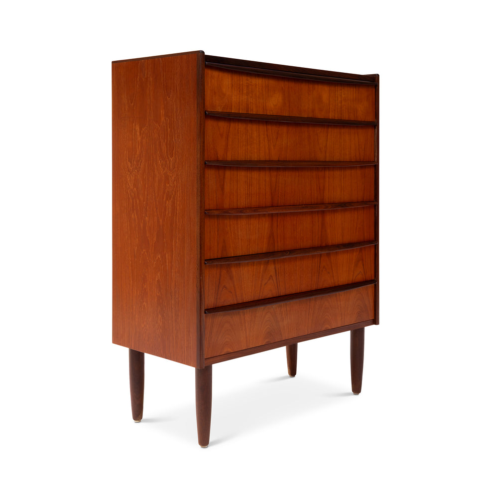 Vintage Danish Mid-Century Six-Drawer Teak Tallboy Dresser 1960s