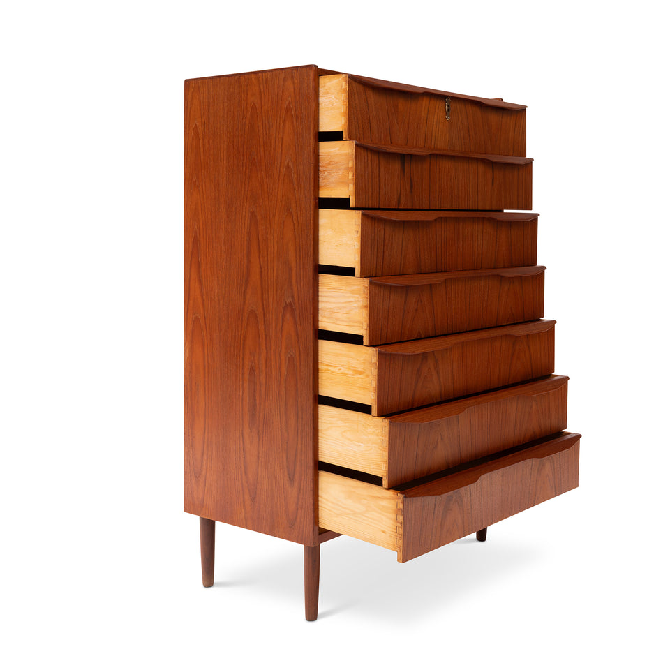 Vintage Danish Mid-Century Seven-Drawer Teak Tallboy Dresser 1960s