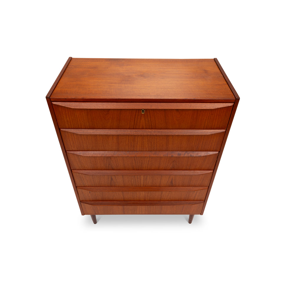 Vintage Danish Mid-Century Six-Drawer Teak Tallboy Dresser 1960s