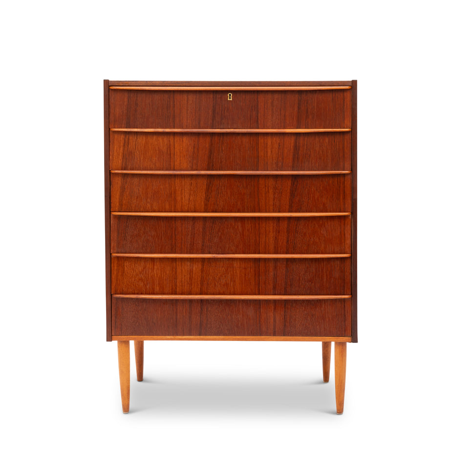 Vintage Danish Mid-Century Six-Drawer Teak Tallboy Dresser 1960s