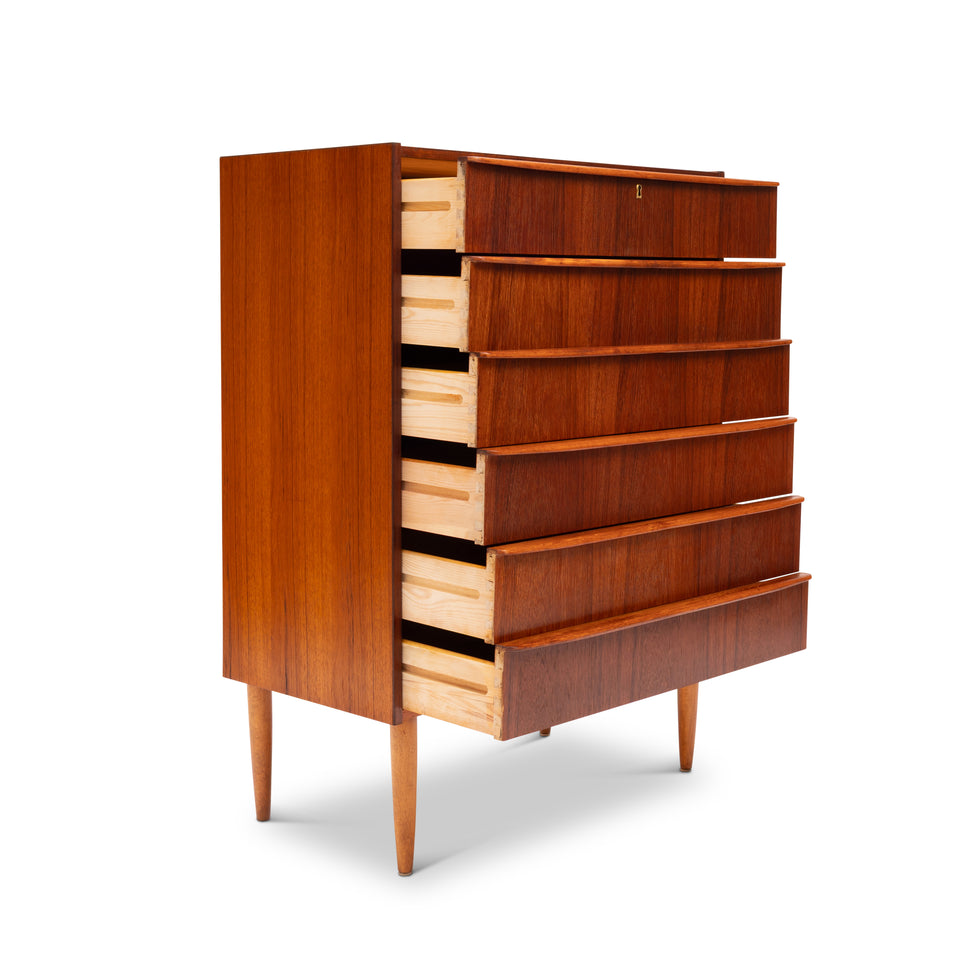 Vintage Danish Mid-Century Six-Drawer Teak Tallboy Dresser 1960s
