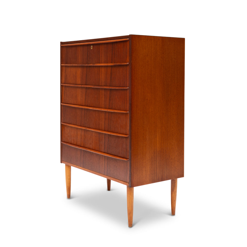 Vintage Danish Mid-Century Six-Drawer Teak Tallboy Dresser 1960s