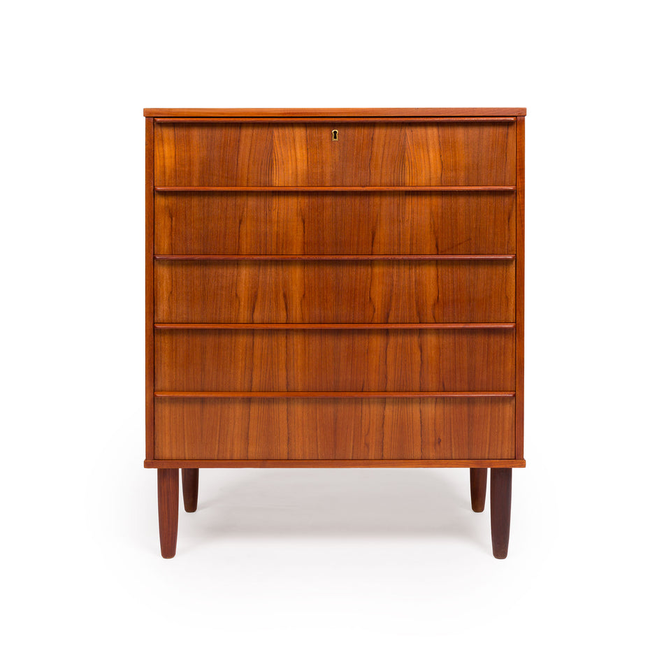 Danish Mid-Century Teak Five Drawer Tallboy Dresser 1960s