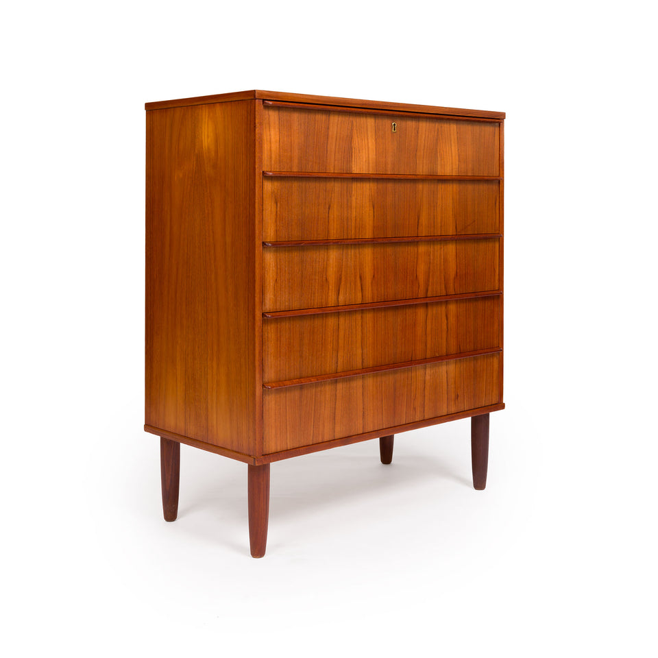 Danish Mid-Century Teak Five Drawer Tallboy Dresser 1960s