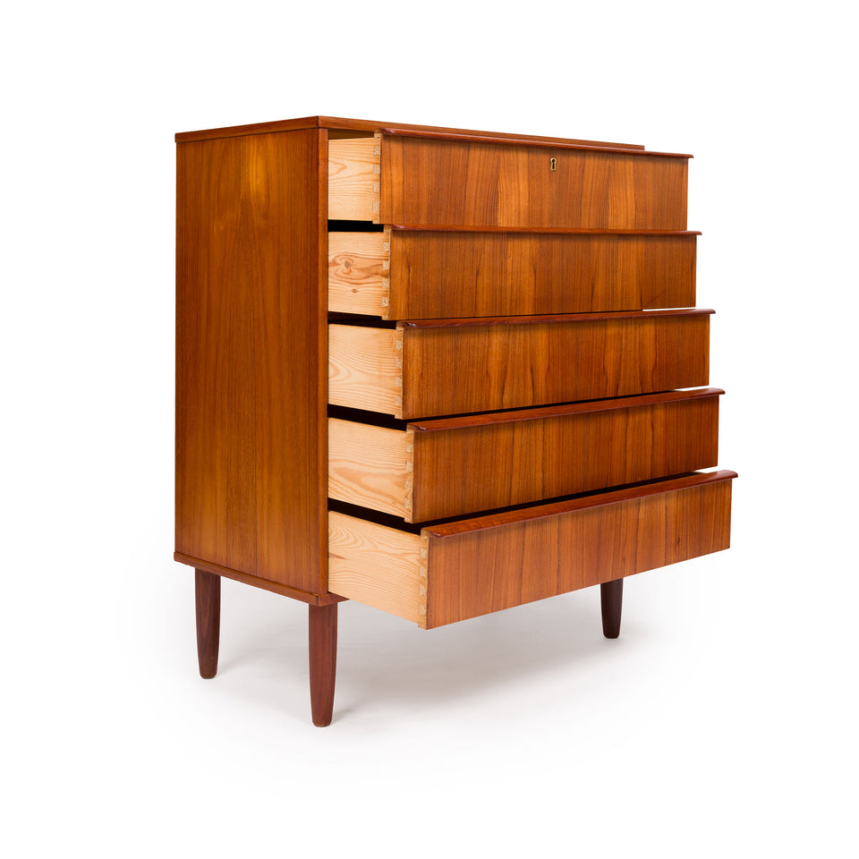 Danish Mid-Century Teak Five Drawer Tallboy Dresser 1960s