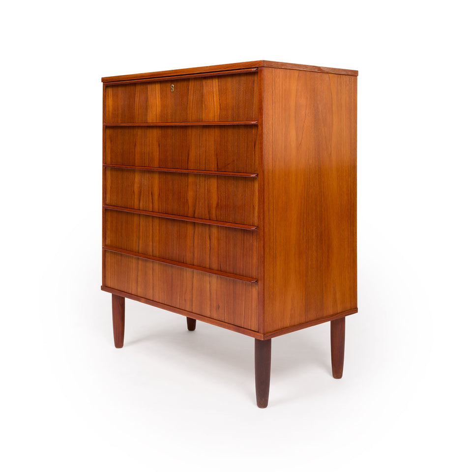 Danish Mid-Century Teak Five Drawer Tallboy Dresser 1960s