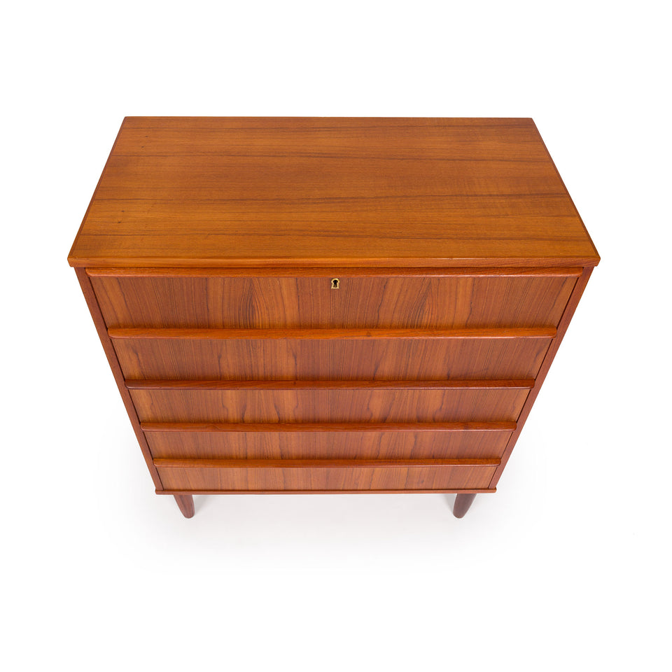 Danish Mid-Century Teak Five Drawer Tallboy Dresser 1960s