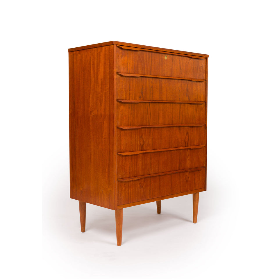 Danish Mid-Century Modern Six-Drawer Teak Tallboy Dresser 1960s