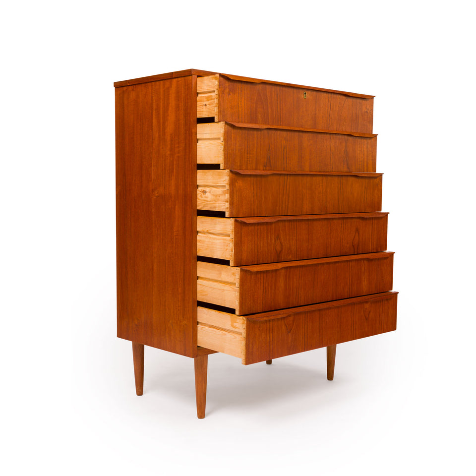 Danish Mid-Century Modern Six-Drawer Teak Tallboy Dresser 1960s