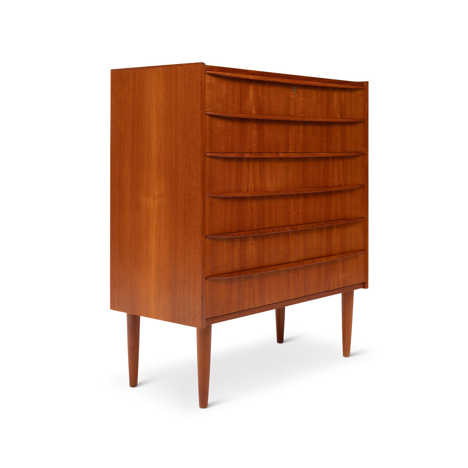 Vintage Danish Mid-Century Six-Drawer Teak Tallboy Dresser 1960s with Key