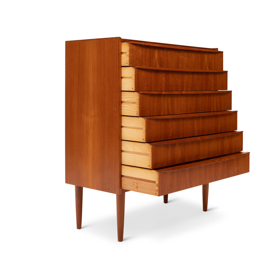 Vintage Danish Mid-Century Six-Drawer Teak Tallboy Dresser 1960s with Key