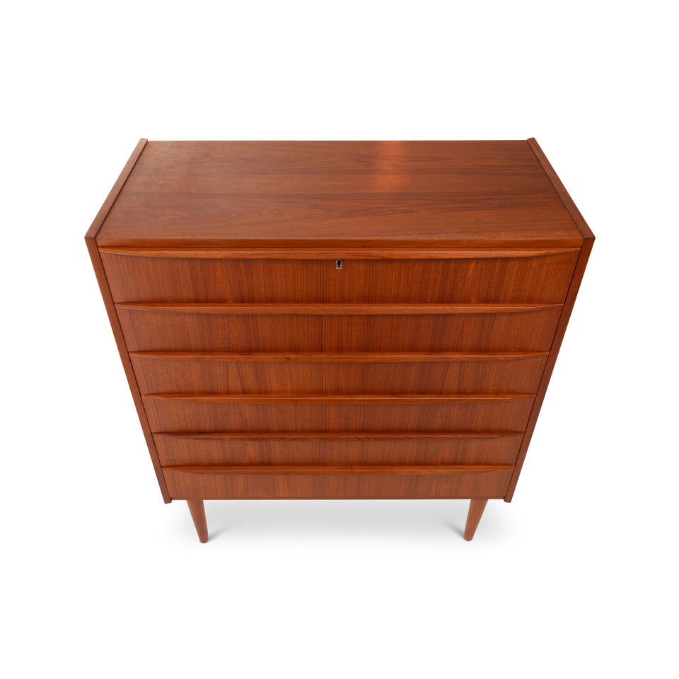 Vintage Danish Mid-Century Six-Drawer Teak Tallboy Dresser 1960s with Key