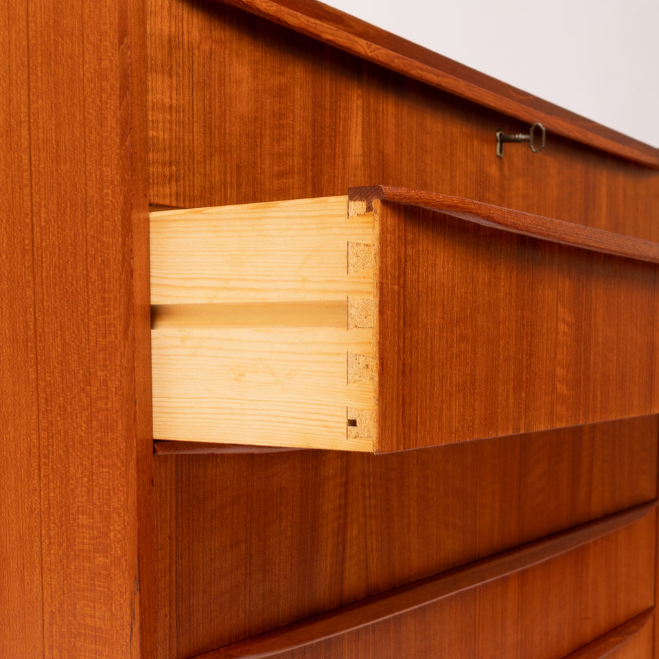 Vintage Danish Mid-Century Six-Drawer Teak Tallboy Dresser 1960s with Key