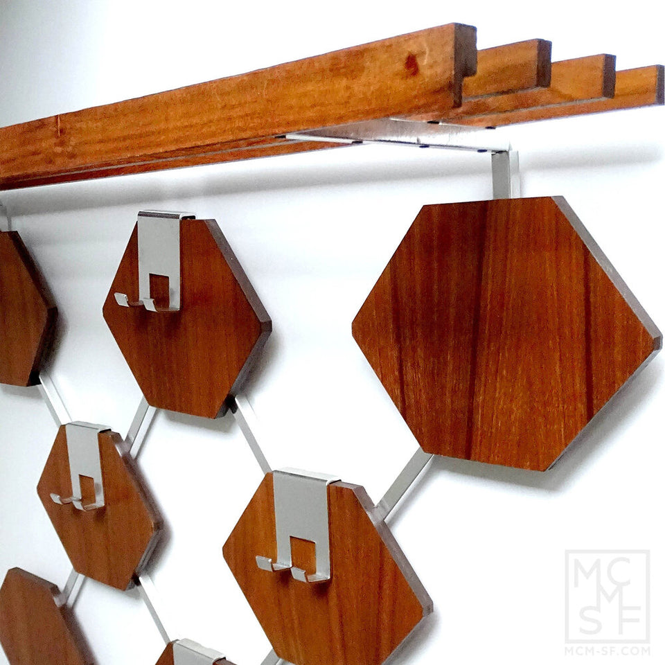 Vintage Danish Mid Century Hexagons Teak Wood Coat/Hat Hanger &amp; Shelf
